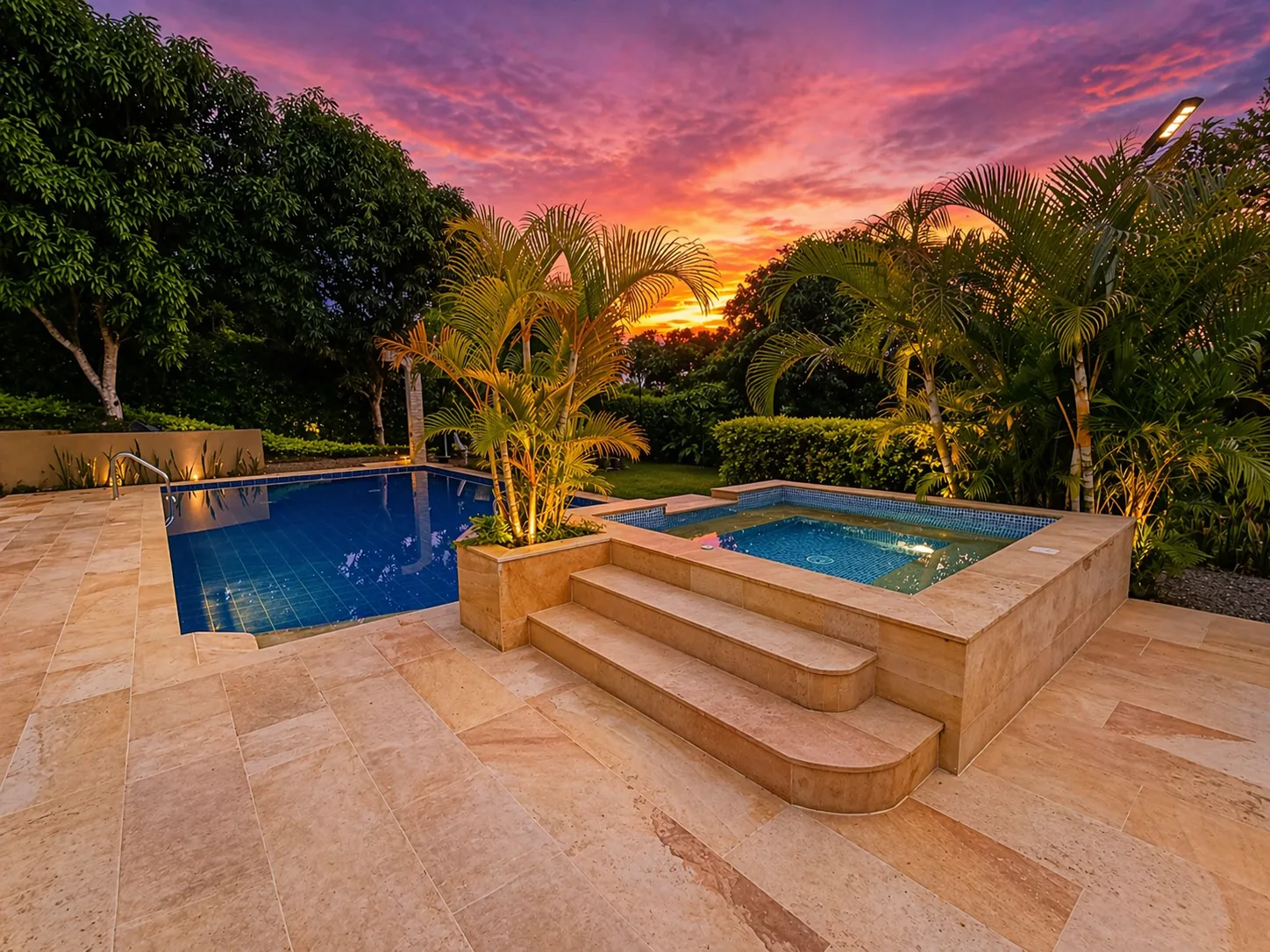 Piscina y jacuzzi al atardecer con palmeras — Villa Passiflora